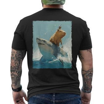 Capybara Is Riding A Shark Men's T-shirt Back Print | Mazezy