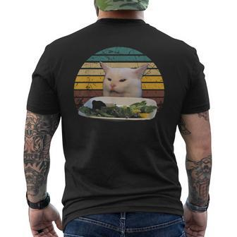 Cat At Dinner Table Animals Outfits Lovely Cat Meme Men's T-shirt Back Print | Mazezy