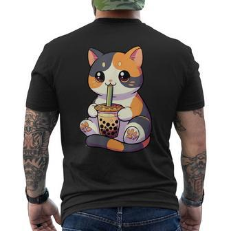 Cat Drinking Boba Feline Japanese Pet Kawaii Boba Calico Cat Men's T-shirt Back Print - Monsterry