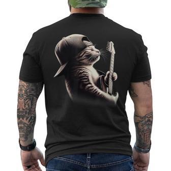 Cat Playing Guitar Rock Music Guitar Cat Men's T-shirt Back Print - Monsterry