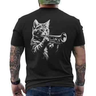 Cat Playing Trumpet Vintage Jazz Musician Trumpeter Men's T-shirt Back Print - Monsterry