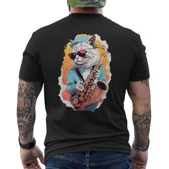 Cat With Saxophone Cat Playing Saxophone Men's T-shirt Back Print | Mazezy
