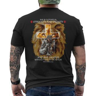 Christian Sayings Verses Lion Judah Cross Proverbs 31 Men's T-shirt Back Print - Monsterry