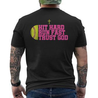 Christian Softball Hit Hard Run Fast Trust God Softball Men's T-shirt Back Print - Seseable