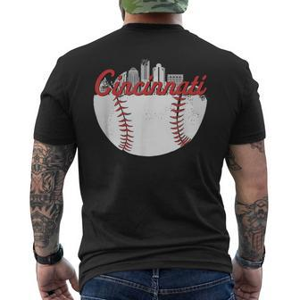 Cincinnati Skyline Cityscape Baseball Retro Vintage Men's T-shirt Back Print - Monsterry