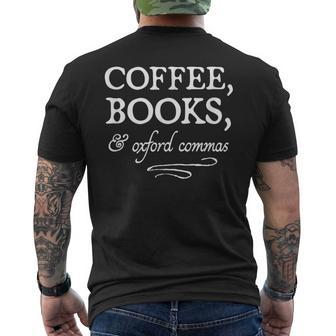 Coffee Books & Oxford Commas Bookworm Grammar Nerd Men's T-shirt Back Print - Monsterry