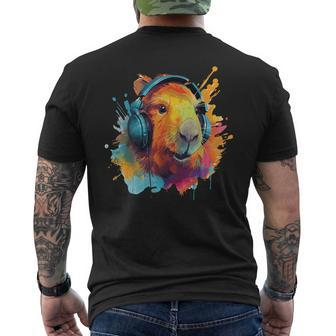 Colorful Capybara With Headphones Vintage Colorful Capybara Men's T-shirt Back Print - Monsterry