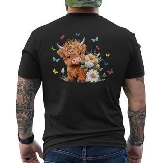 Cute Baby Highland Cow With Flowers Calf Animal Spring Men's T-shirt Back Print - Monsterry DE
