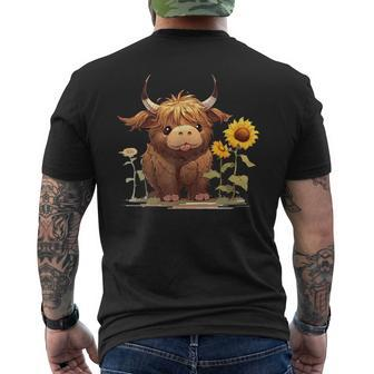 Cute Baby Highland Cow With Sunflowers Calf Animal Farm Men's T-shirt Back Print - Seseable