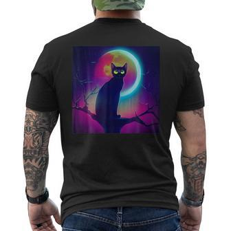 Cute Black Cat Spooky Yellow Purple Full Moon Logo Men's T-shirt Back Print - Monsterry UK
