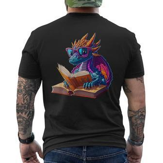 Cute Dragon Wearing Glasses Reading A Book Men's T-shirt Back Print - Monsterry
