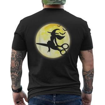Cute Halloween Witch Riding Scissor Broom For Hair Stylist Mens Back Print T-shirt - Thegiftio