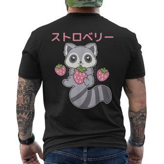 Cute Kawaii Raccoon Embrace A Big Strawberry Anime Men's T-shirt Back Print - Monsterry