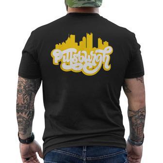 Cute Pittsburgh Skyline Black And Yellow Lettering Men's T-shirt Back Print - Monsterry CA