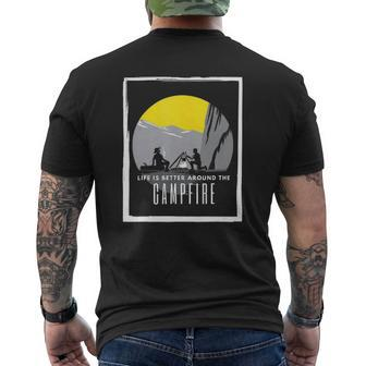 Dad And Son Outdoor Campfire On Mountain Summertime Mens Back Print T-shirt | Mazezy