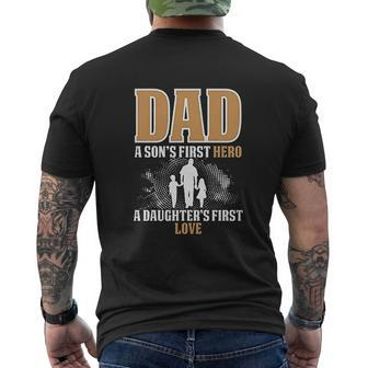 Dad A Sons First Hero A Daughters First Love Mens Back Print T-shirt | Mazezy DE