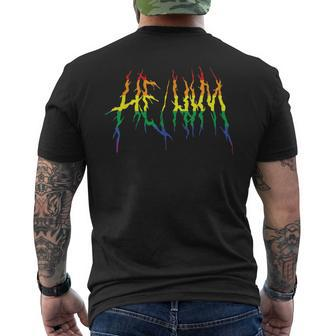 Death Metal Lgbtq Pride Pronoun He Him Pronouns Men's T-shirt Back Print - Monsterry CA