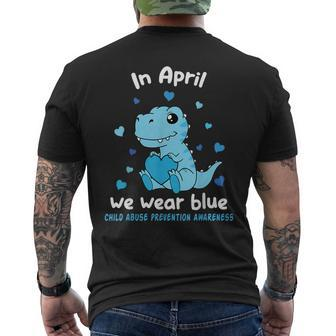 Dino In April We Wear Blue Child Abuse Prevention Awareness Men's T-shirt Back Print | Mazezy