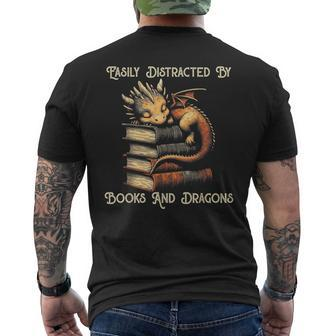 Easily Distracted By Books & Dragons Bookworm Reading Men's T-shirt Back Print - Seseable