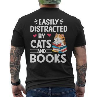 Easily Distracted By Cats And Books Cute Cat And Book Lovers Men's T-shirt Back Print - Seseable