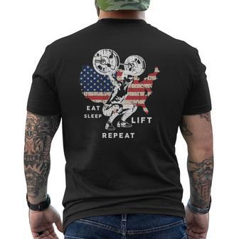 Eat Sleep Lift Repeat Gym American Workout Usa Flag Mens Back Print T-shirt | Mazezy