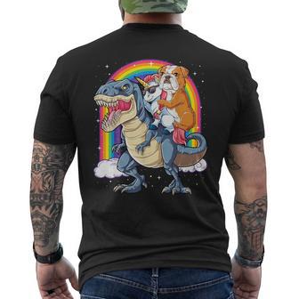 English Bulldog Unicorn Riding Dinosaur T Rex Girls Men's T-shirt Back Print - Monsterry