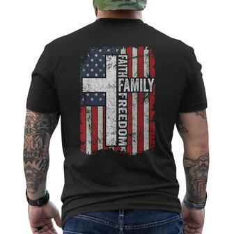 Faith Family Freedom Patriotic Christian Usa Flag Cross Mens Back Print T-shirt - Thegiftio