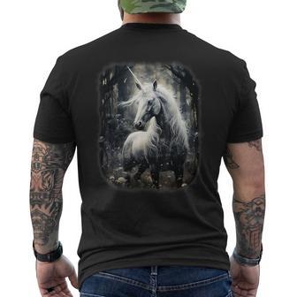 Fantasy White Unicorn Standing In A Forest Men's T-shirt Back Print - Monsterry CA