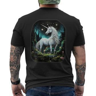 Fantasy White Unicorn Standing In Forest Stars Men's T-shirt Back Print - Seseable