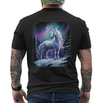 Fantasy White Unicorn Standing In The Snowy Forest Men's T-shirt Back Print - Monsterry