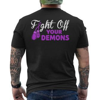 Fight Off Your Demons Purple Ribbon Boxing Gloves Overdose Men's T-shirt Back Print - Monsterry CA