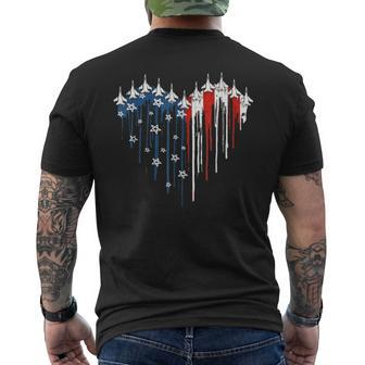 Fighter Jet Airplane American Flag Heart 4Th Of July Retro Men's T-shirt Back Print - Seseable