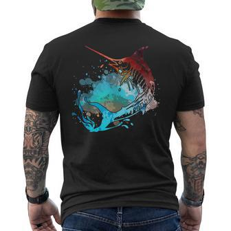 Fishing Marlin Swordfish Retro Vintage Sunset Watercolor Men's T-shirt Back Print - Monsterry