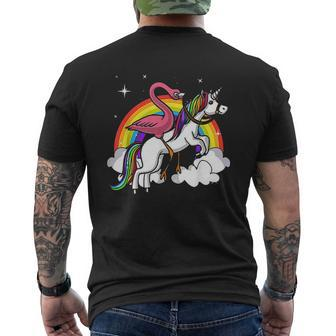 Flamingo Bird Riding Unicorn Magical Rainbow Mens Back Print T-shirt - Thegiftio UK