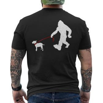 Bigfoot Walking With Bull Terrier Dog Men's T-shirt Back Print | Mazezy