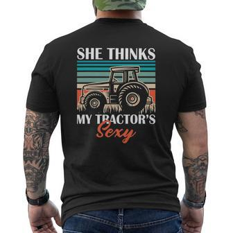Farmer Dad She Think's My Tractor's Sexy Mens Back Print T-shirt | Mazezy