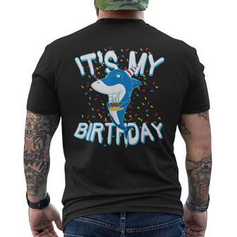 Shark With Cake It Is My Birthday Men's T-shirt Back Print - Monsterry