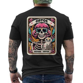 Gatos Before Vatos Skeleton Cat Kitten Lover Grumpy Skull Men's T-shirt Back Print - Monsterry