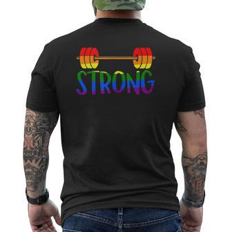 Gay Pride Strong Gym Rainbow Barbell Mens Back Print T-shirt | Mazezy