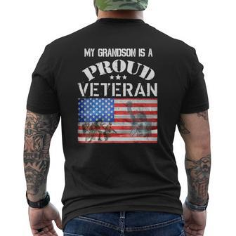 My Grandson Is A Proud Veteran American Flag Soldiers Tee Mens Back Print T-shirt | Mazezy