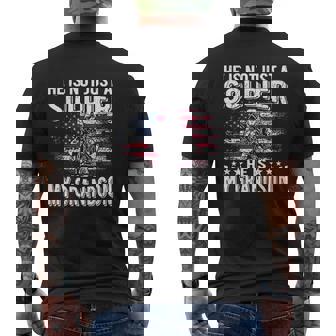 My Grandson Is A Soldier -Patriotic Proud Army Grandparent Mens Back Print T-shirt - Thegiftio