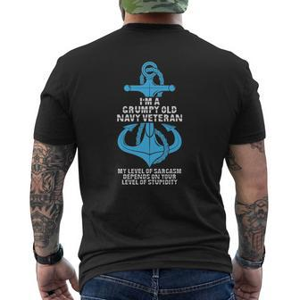Grumpy Old Vet Navy Vet Sarcasm Depends On Stupidity Mens Back Print T-shirt | Mazezy