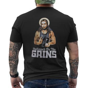 Hallowed Be Thy Gains Muscle Jesus Mens Back Print T-shirt | Mazezy