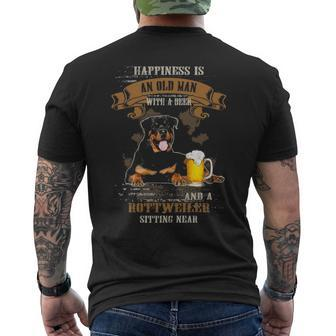 Happiness Is Old Man With Beer And A Rottweiler Sitting Near Men's T-shirt Back Print | Mazezy
