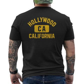 Hollywood Ca California Gym Style Distressed Amber Print Mens Back Print T-shirt | Mazezy