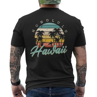 Honolulu Hawaii Surfing Oahu Island Aloha Sunset Palm Trees Men's T-shirt Back Print | Mazezy
