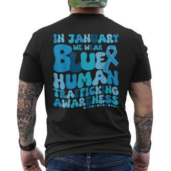 Human Trafficking Awareness Month Blue Ribbon Men's T-shirt Back Print - Seseable