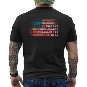 Husband Dad Granddad Protector Hero American Flag Mens Back Print T-shirt | Mazezy