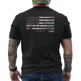 Husband Daddy Protector Hero American Flag Cool Dad Mens Back Print T-shirt | Mazezy