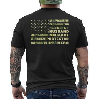 Husband Daddy Protector Hero Camo American Flag Fathers Day Men's T-shirt Back Print - Thegiftio UK